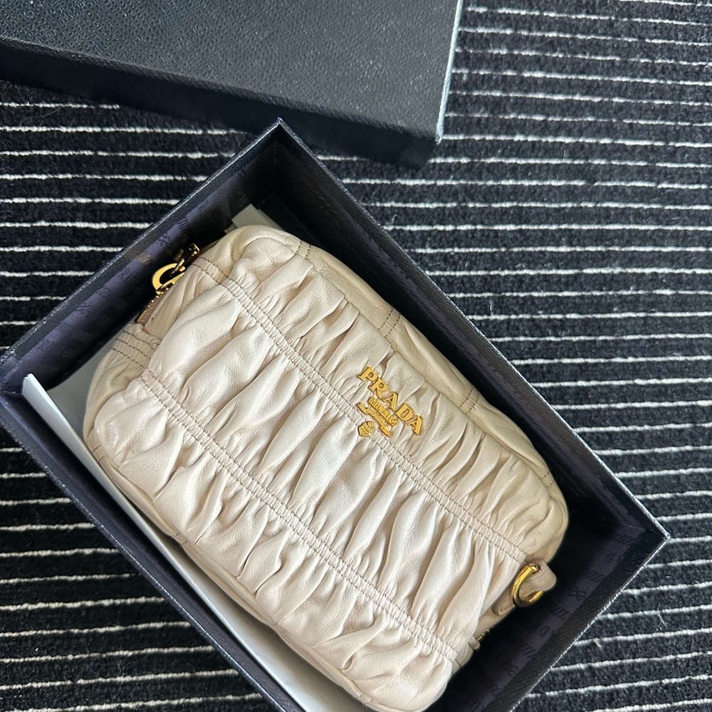 Prada Cream Ruched Clutch with Gold Hardware